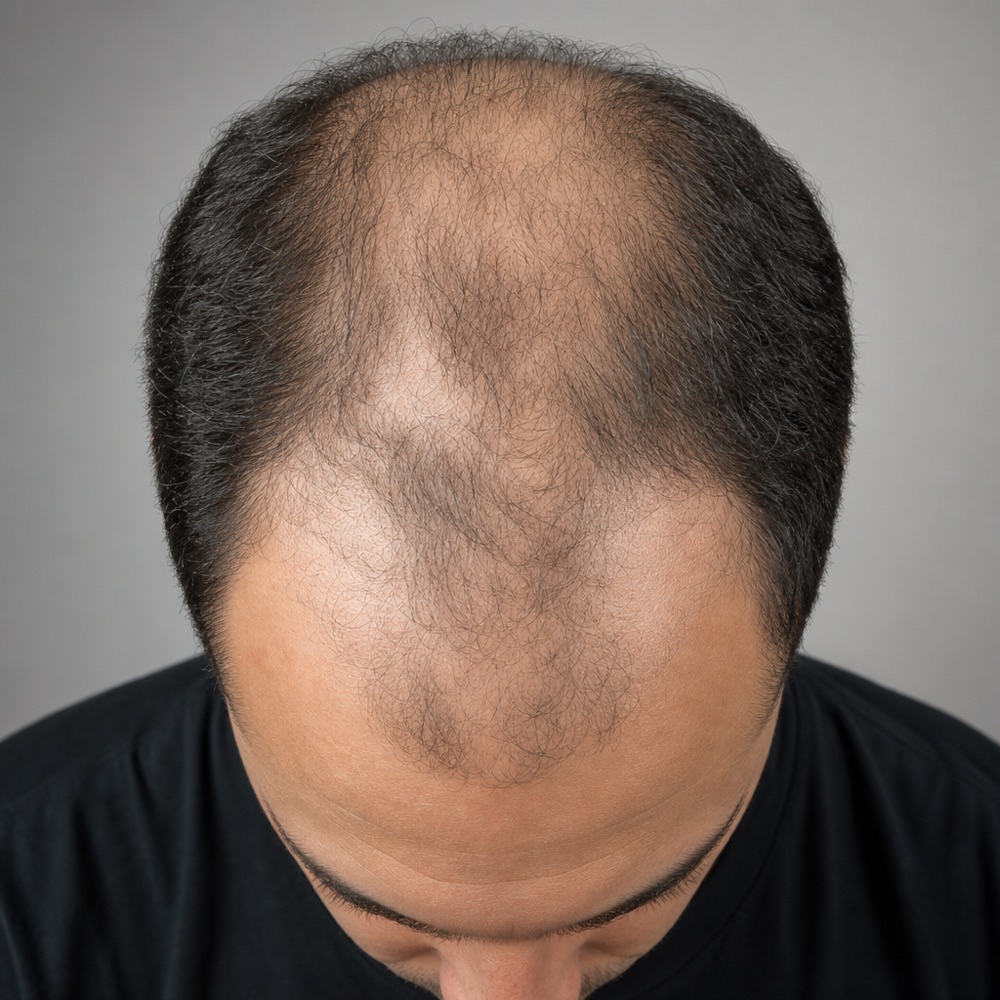 Top-down view of a thinning scalp — select the zones you would like to treat