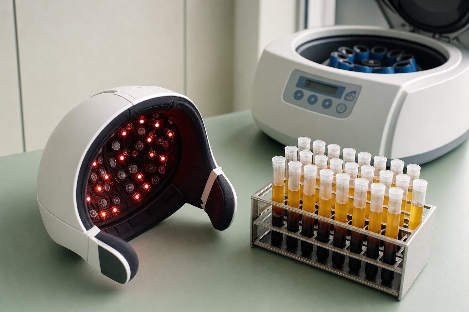 A laser therapy cap and platelet-rich plasma tubes
