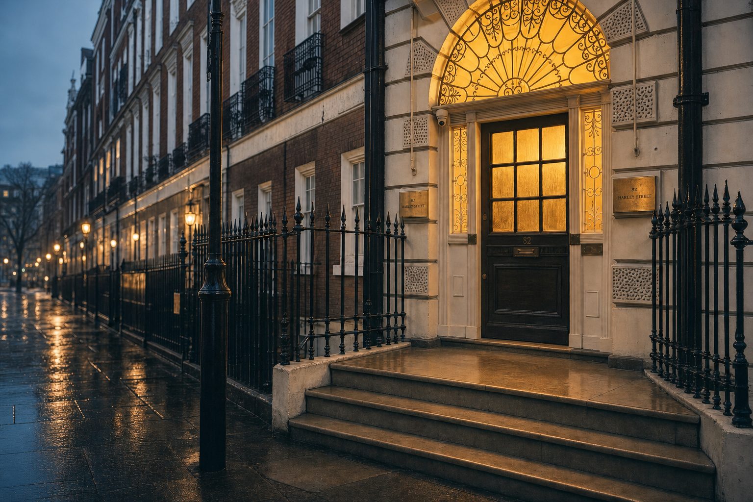 The entrance of 82 Harley Street at dusk
