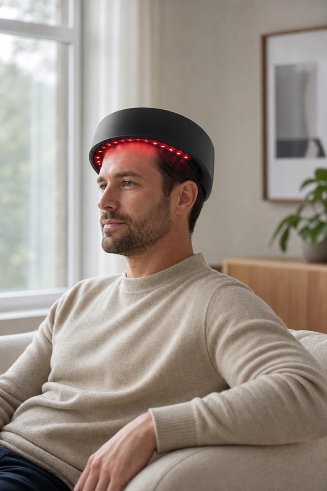 Person wearing a low-level laser therapy cap