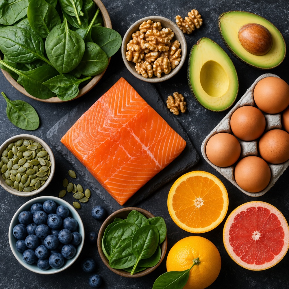 Flat-lay of hair-healthy foods
