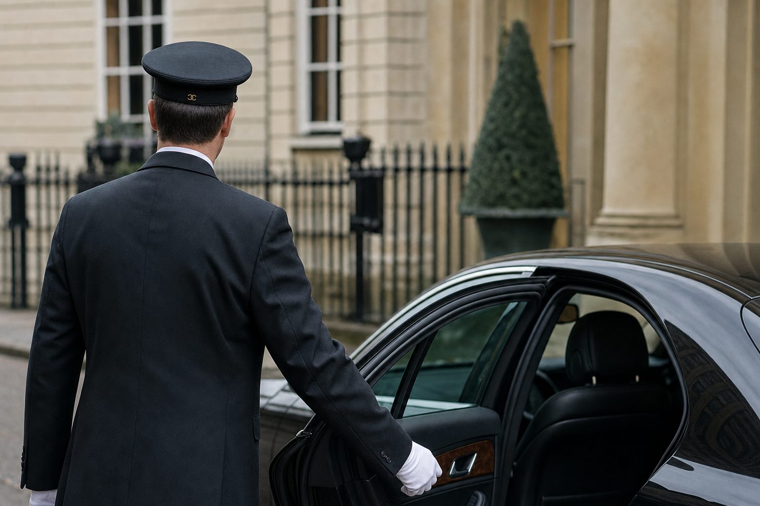 A City Clinics chauffeur in uniform opening the rear door, the clinic's mark on the cap band