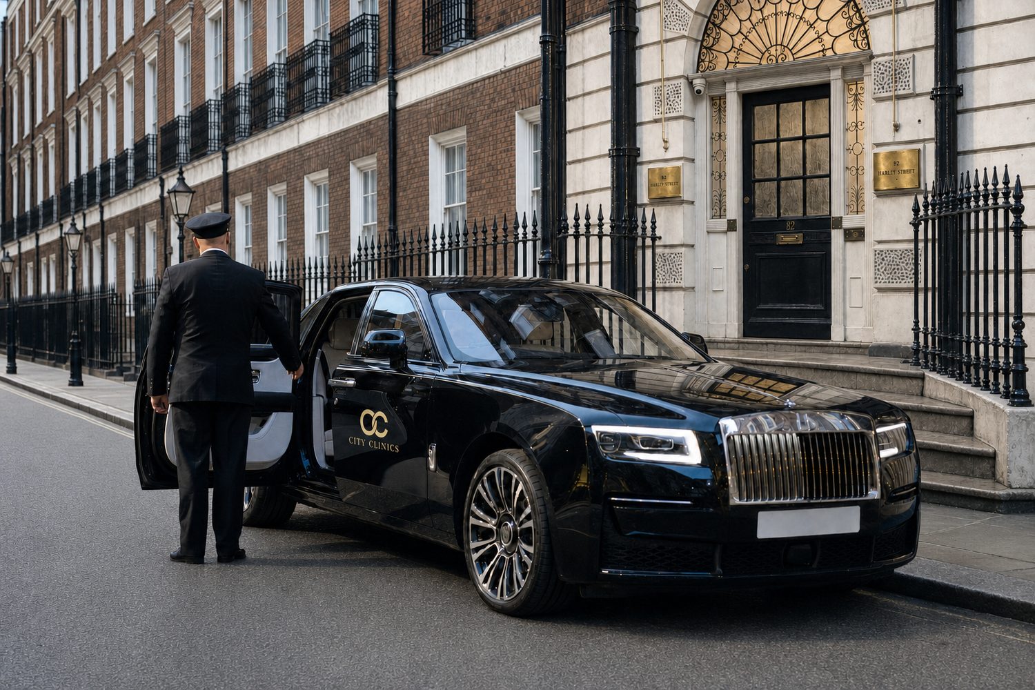 Chauffeur waiting beside a black luxury saloon outside 82 Harley Street