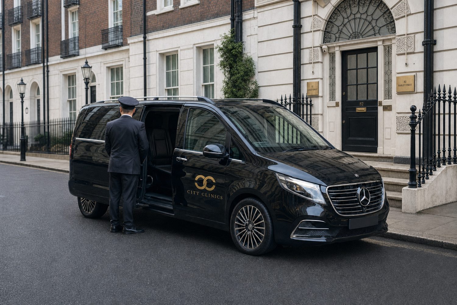 Chauffeur beside a black Mercedes V-Class