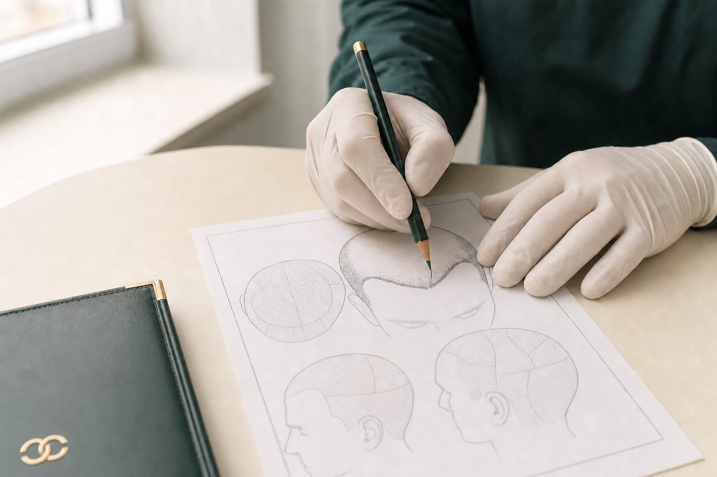 The hairline drawn by hand after the scan (illustrative)