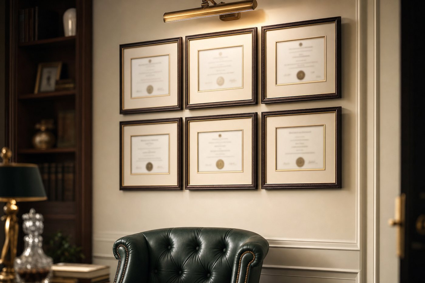 Framed professional certificates (illustrative)