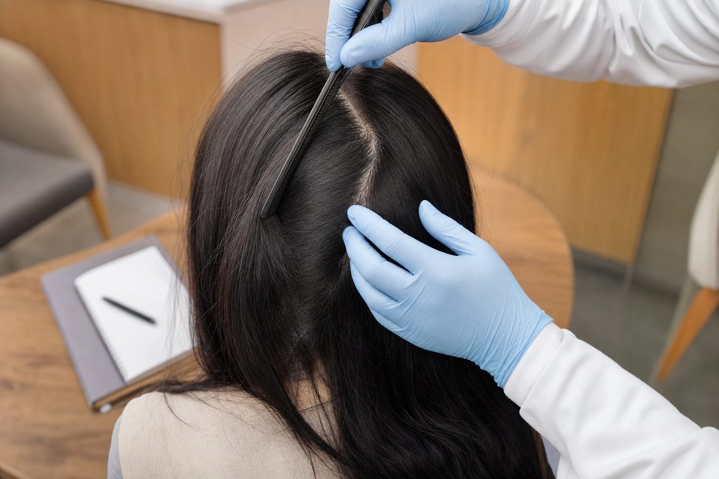 A surgeon assessing parting density at a private consultation
