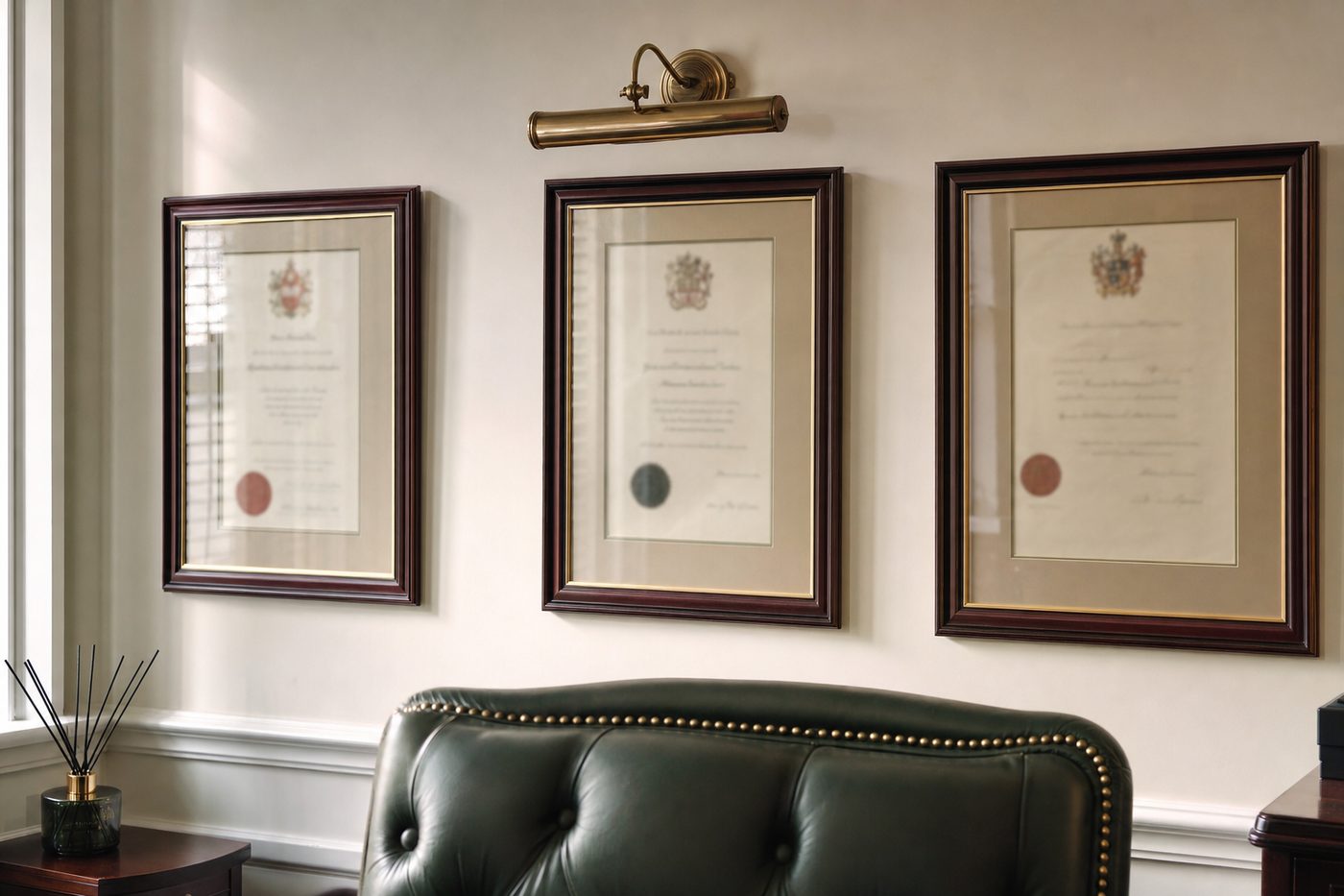 Framed credentials in the consulting room