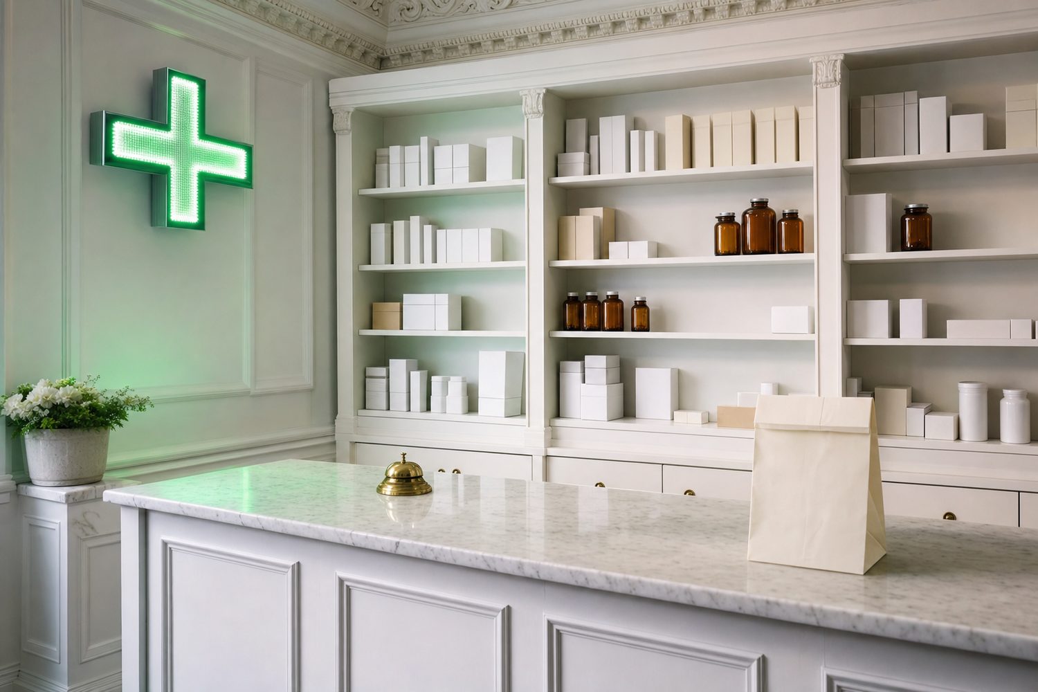 The dispensing counter of the in-house pharmacy