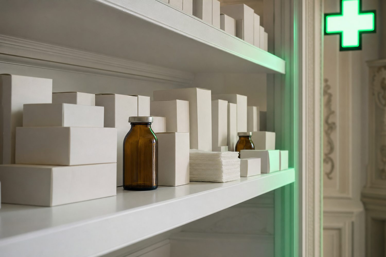 The pharmacy shelves, stocked for post-operative care