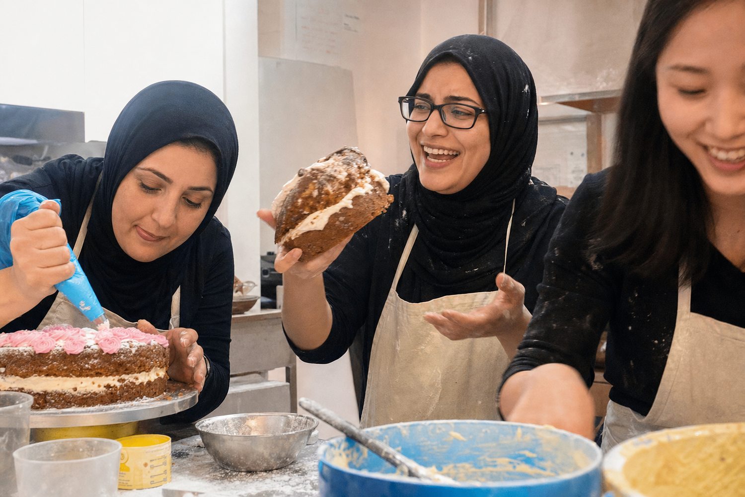 The charity bake-off, mid-chaos (illustrative)