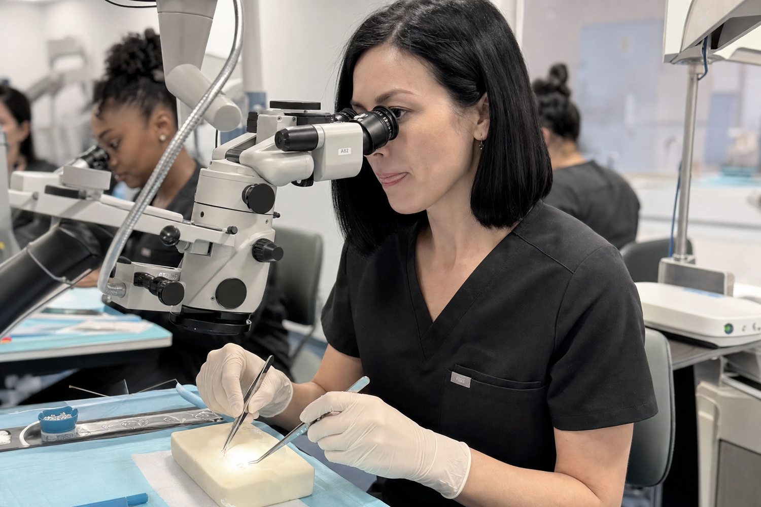 Graft-handling practice under the training microscopes (illustrative)