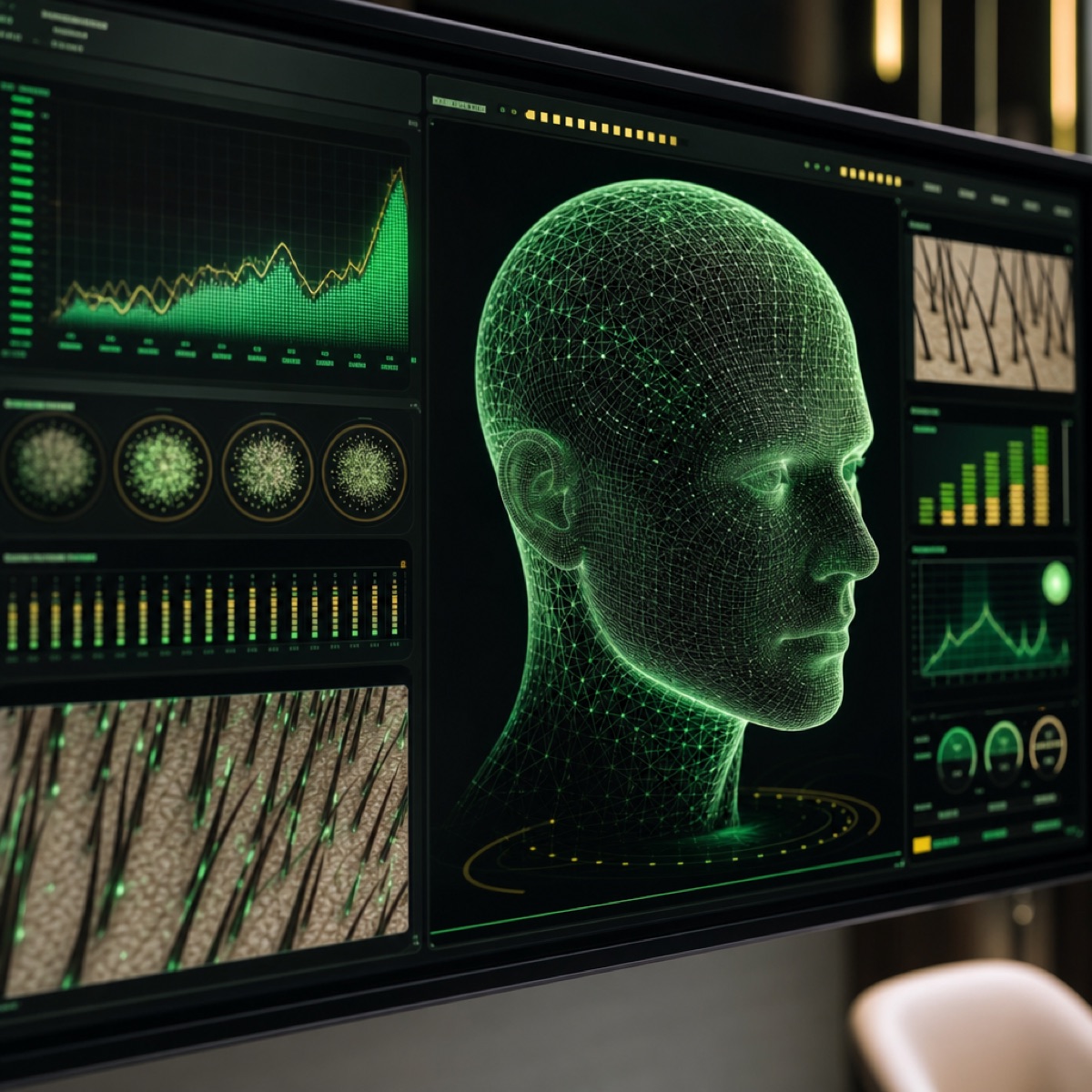 3D wireframe scalp model and follicle-density data on the KE-Bot display (illustrative)