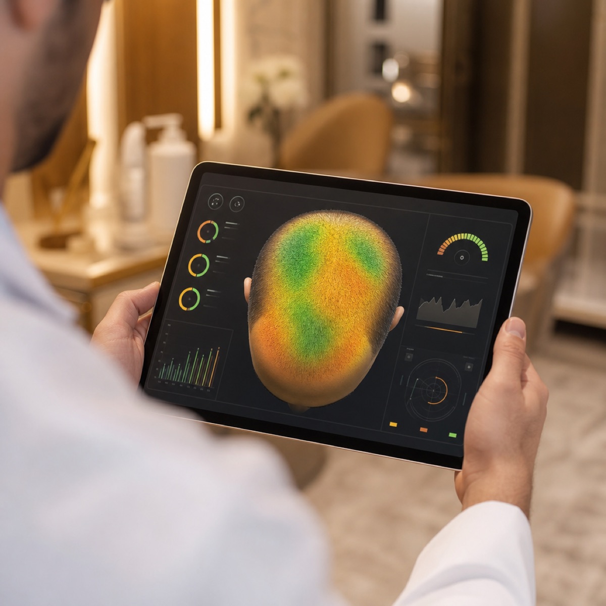 AI density heat-map of the scalp on a tablet (illustrative)