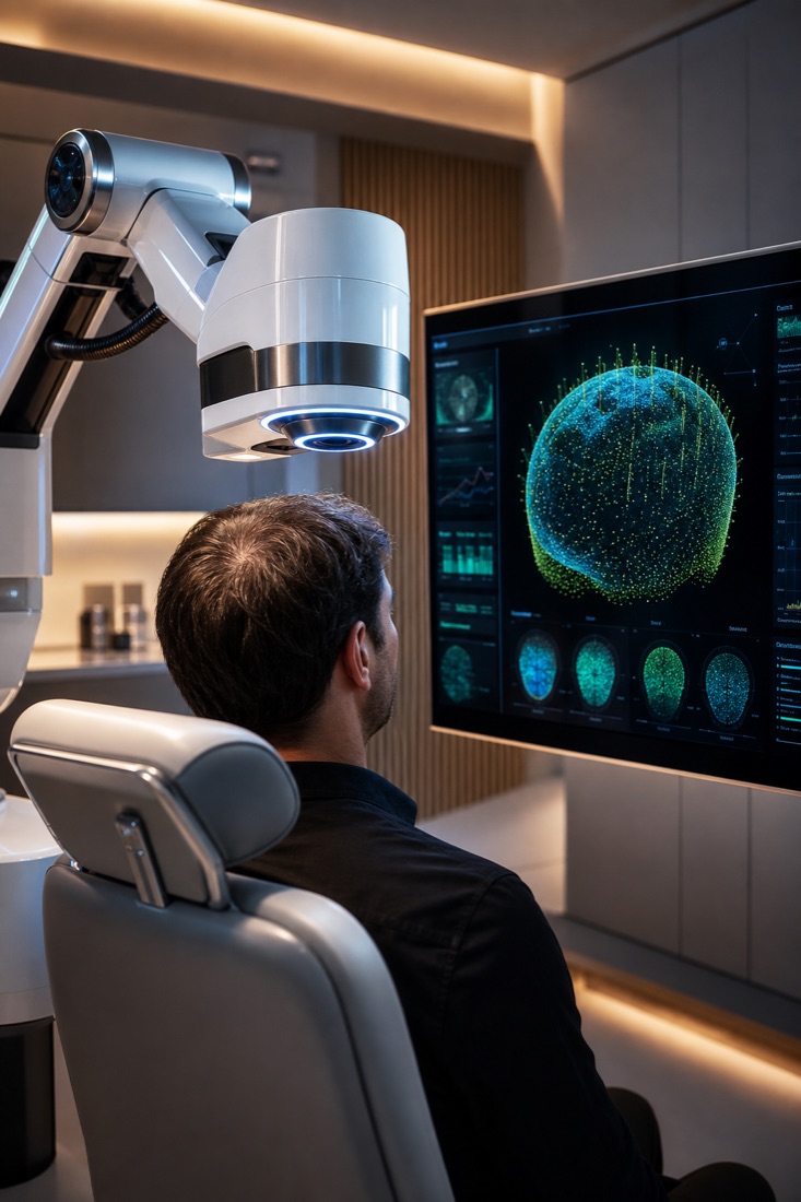 KE-Bot robotic 360° scanning arm mapping a patient's scalp (illustrative)