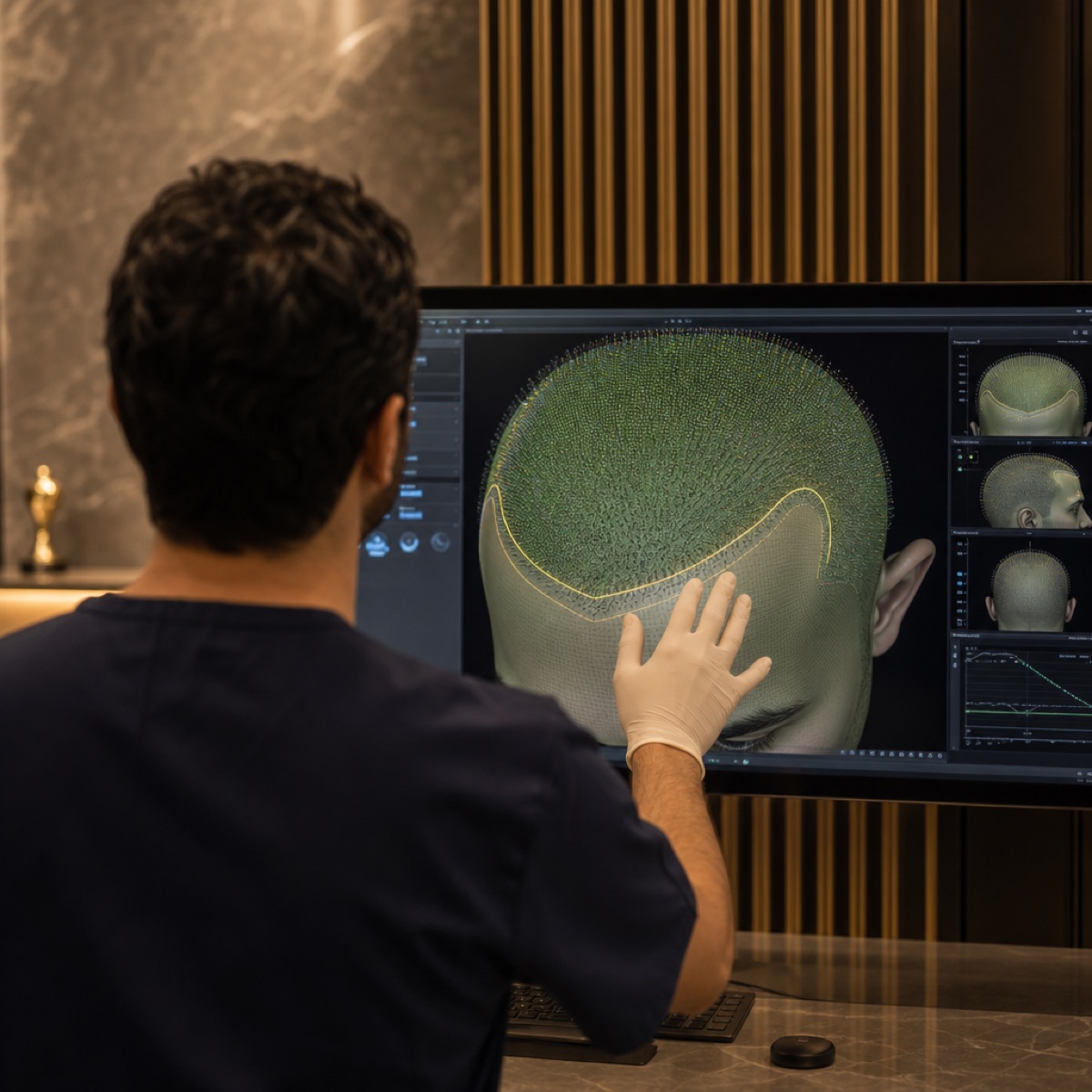 Surgeon reviewing the 3D scalp data and designing the hairline (illustrative)