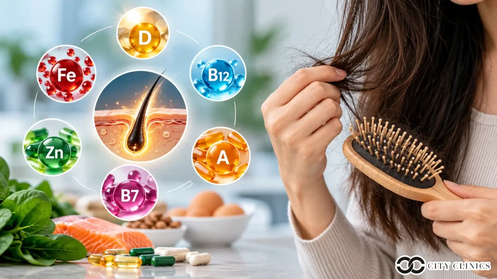 Vitamin deficiencies associated with hair loss including iron, vitamin D, B12 and zinc