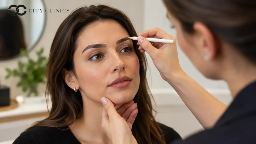 Eyebrow restoration consultation showing natural eyebrow shape and hair direction