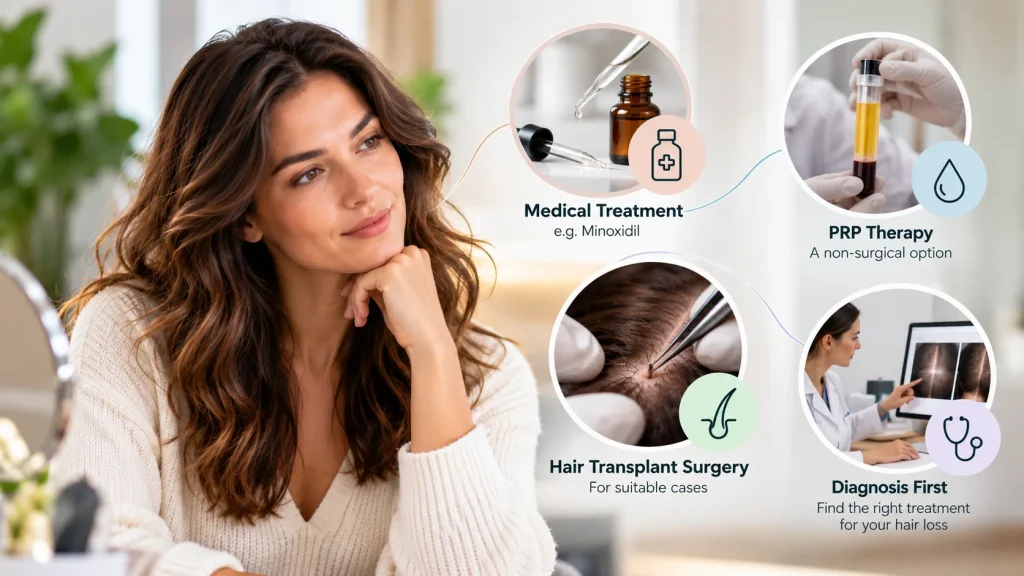 Female hair loss treatment consultation discussing PRP and hair restoration options