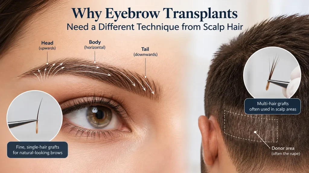 Why eyebrow transplants differ from scalp hair transplants, showing eyebrow hair growth direction, single-hair grafts and the scalp donor area.